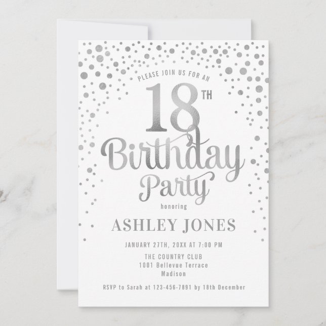 18th Birthday Party - White & Silver Invitation (Front)