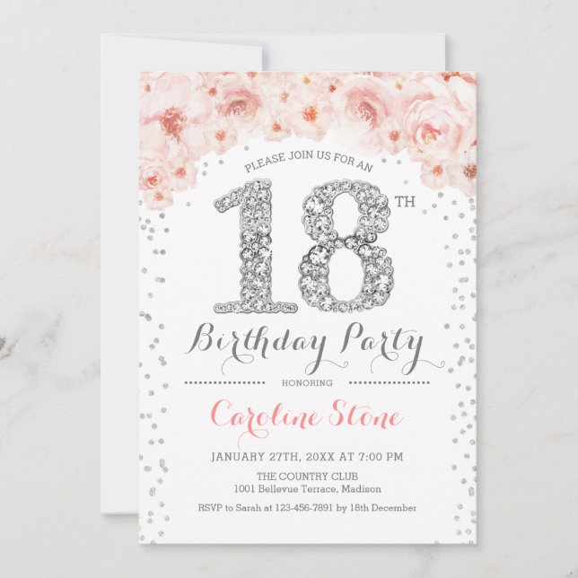 18th Birthday Party - White Silver Pink Invitation (Front)