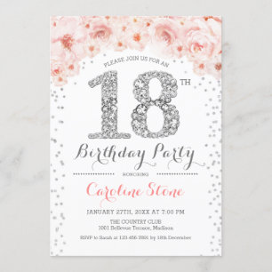 18th Birthday Party - White Silver Pink Invitation