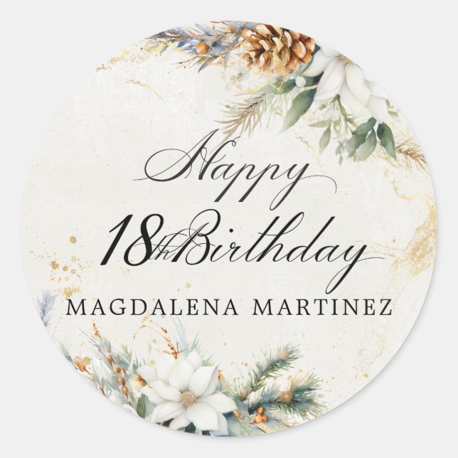 18th Birthday Party White Winter Floral Custom Classic Round Sticker (Front)