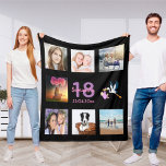 18th birthday photo collage girl black fleece blanket<br><div class="desc">A gift for a girl's 18th birthday,  celebrating her life with a collage of 8 of your photos.  Templates for a name,  age 18 and a date.  Date of birth or the date of the anniversary.  Pink and purple coloured letters.  Black coloured background.</div>