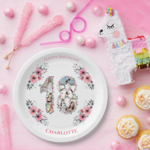 18th Birthday Photo Collage Girl Pink Flower White Paper Plate