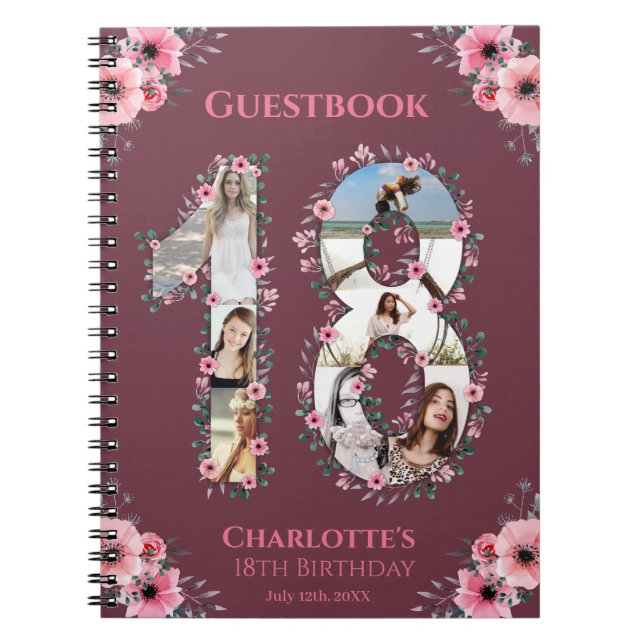 18th Birthday Photo Collage Pink Flower Guest Book (Front)