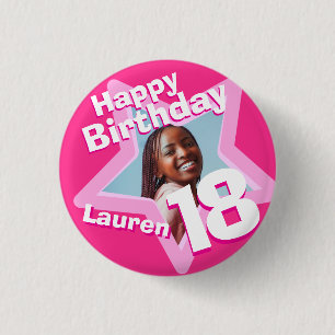 18th Birthday photo fun hot pink button/badge 3 Cm Round Badge