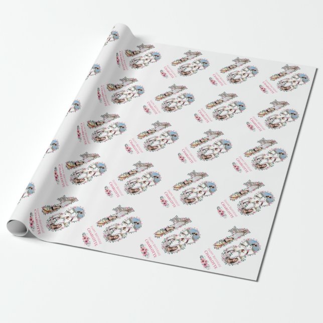 18th Birthday Photo Girl Collage Pink Flower White Wrapping Paper (Unrolled)