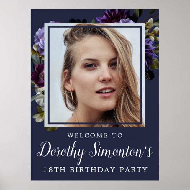 18th Birthday Photo Moody Purple Floral Welcome Poster (Front)