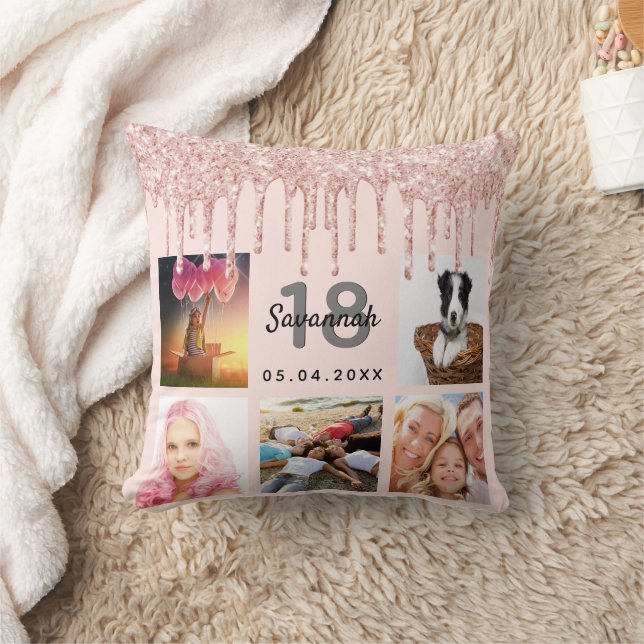 18th birthday photo rose gold glitter blush pink cushion (Blanket)