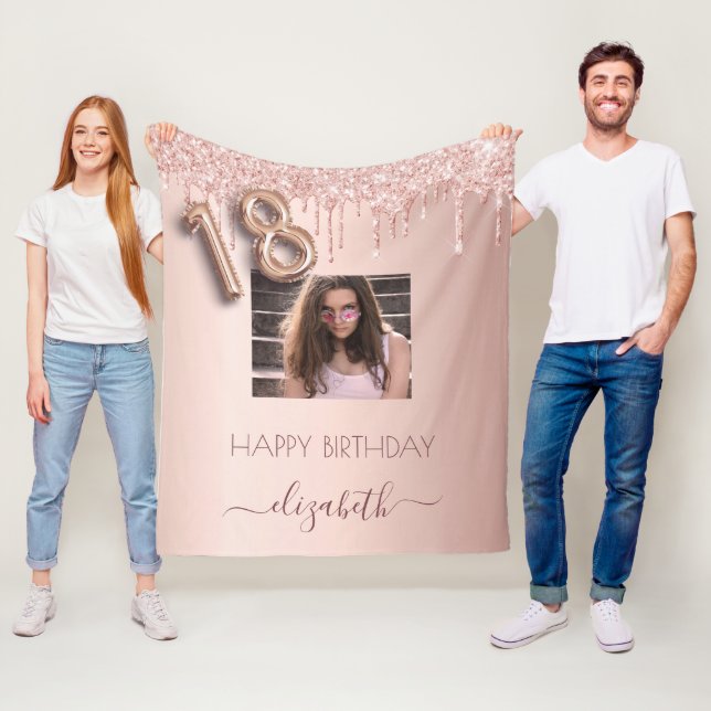 18th birthday photo rose gold glitter blush pink fleece blanket (In Situ)