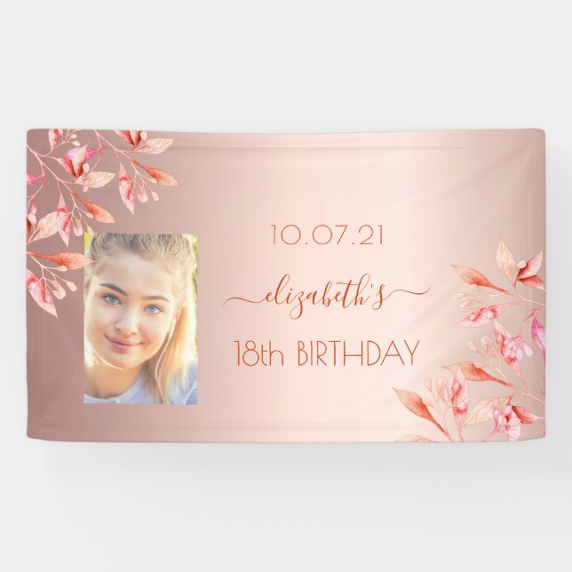 18th birthday photo rose gold pink florals fall banner (Horizontal)