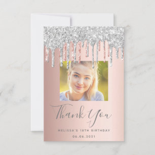 18th birthday photo rose gold silver drips thank you card