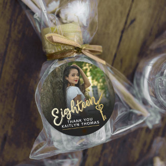 18th Birthday photo script gold effect 18 key Classic Round Sticker