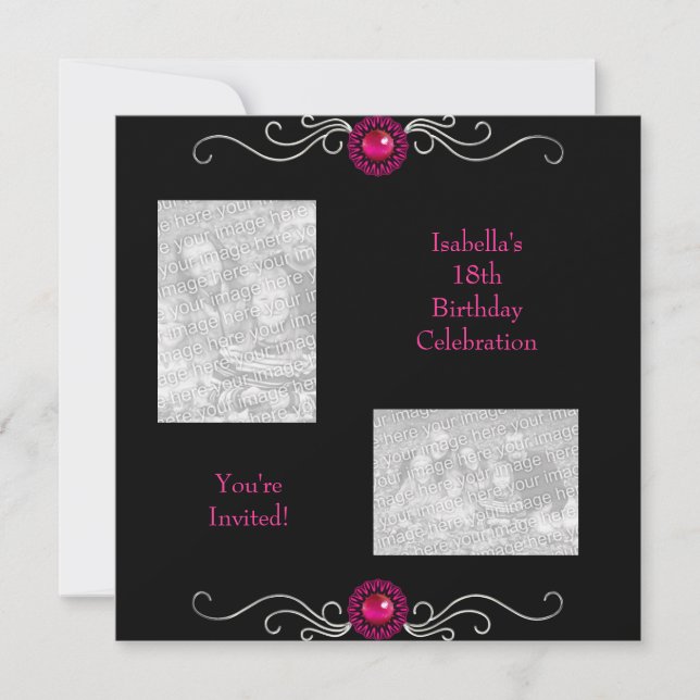 18th Birthday Photos Black Silver Pink Jewel Trim Invitation (Front)