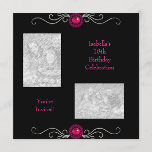 18th Birthday Photos Black Silver Pink Jewel Trim Invitation