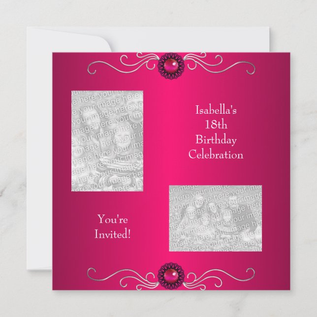 18th Birthday Photos Pink Silver Jewel Trim Invitation (Front)