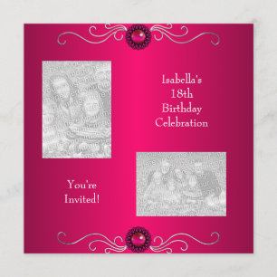18th Birthday Photos Pink Silver Jewel Trim Invitation