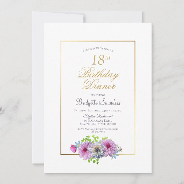 18th Birthday Pink Blue Floral Gold Border Dinner Invitation (Front)