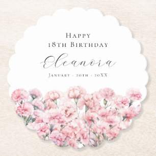 18th Birthday Pink Carnation January Birth Flower Paper Coaster