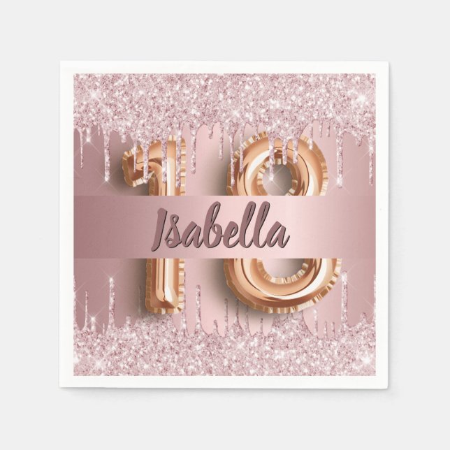 18th birthday pink dusty rose glitter monogram  napkin (Front)