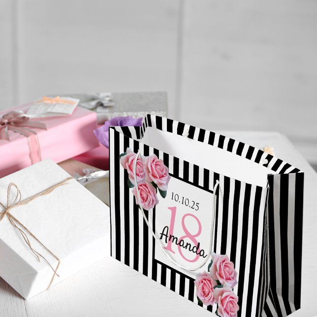 18th birthday pink florals black white stripes large gift bag (Creator Uploaded)