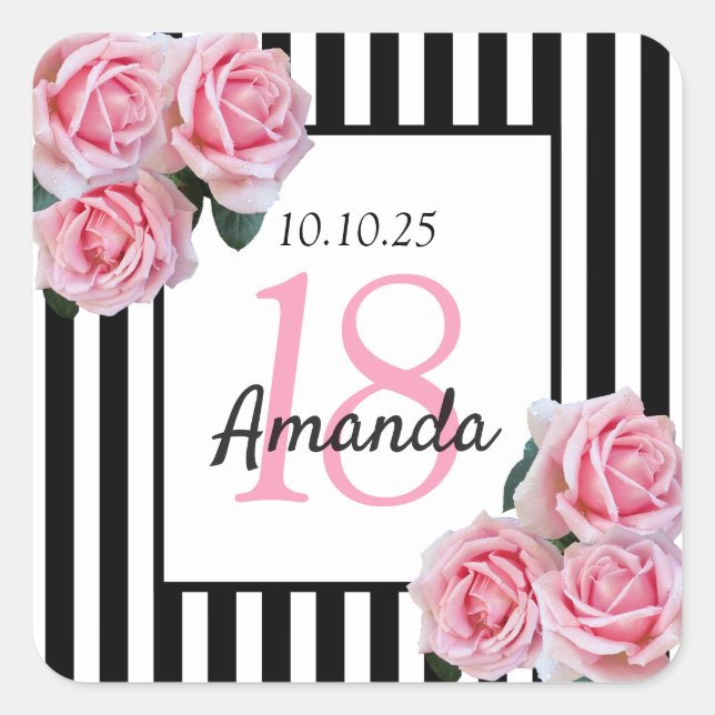 18th birthday pink florals on black white stripes square sticker (Front)