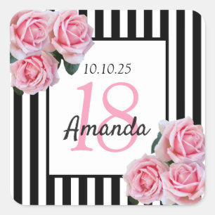 18th birthday pink florals on black white stripes square sticker