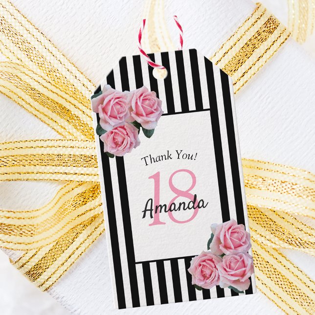 18th birthday pink florals roses black stripes gift tags (Creator Uploaded)