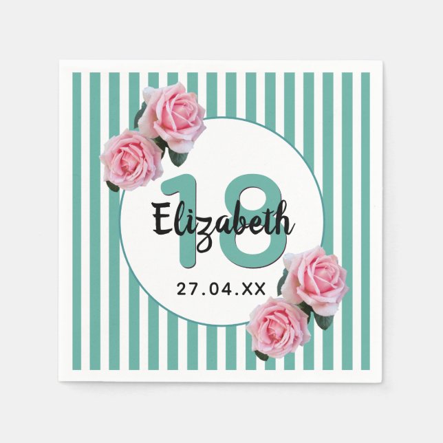 18th birthday pink florals teal green stripes name napkin (Front)