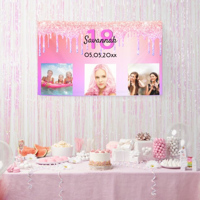 18th birthday pink glitter drips photo banner (Party)