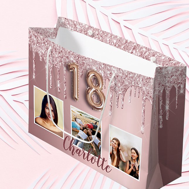 18th birthday pink glitter drips photo monogram large gift bag (Creator Uploaded)