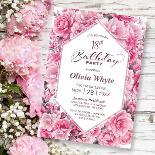 18th Birthday Pink Rose Floral Party Invitation