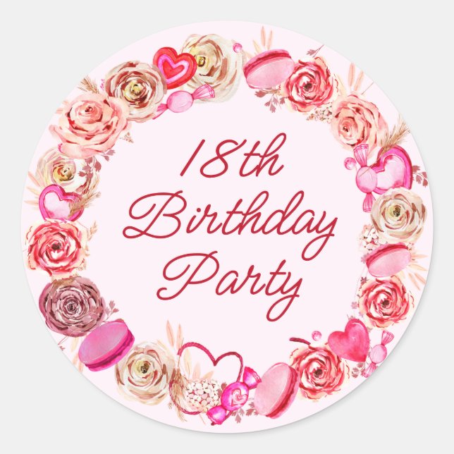 18th Birthday Pink Rose Swirly Heart Envelope Classic Round Sticker (Front)