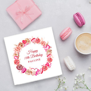 18th Birthday Pink Rose Swirly Heart Valentine's  Napkin