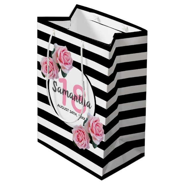 18th birthday pink roses black white stripes medium gift bag (Back Angled)