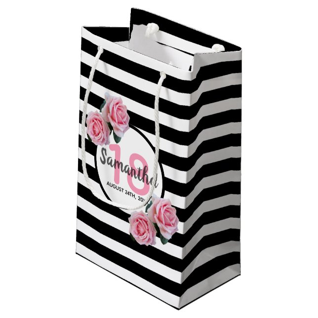 18th birthday pink roses black white stripes small gift bag (Back Angled)