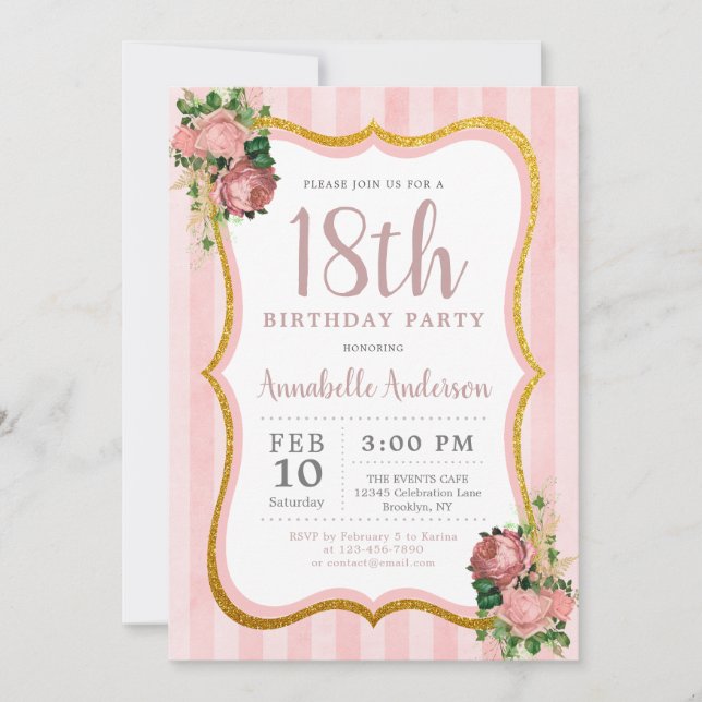 18th Birthday Pink Stripe Floral Gold Glitter Invitation (Front)