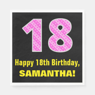 18th Birthday: Pink Stripes and Hearts "18" + Name Napkin