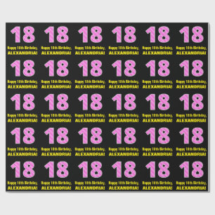18th Birthday: Pink Stripes and Hearts "18" + Name Wrapping Paper