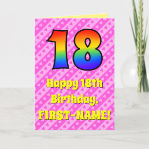 18th Birthday: Pink Stripes & Hearts, Rainbow # 18 Card