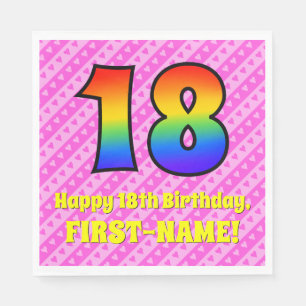 18th Birthday: Pink Stripes & Hearts, Rainbow # 18 Napkin