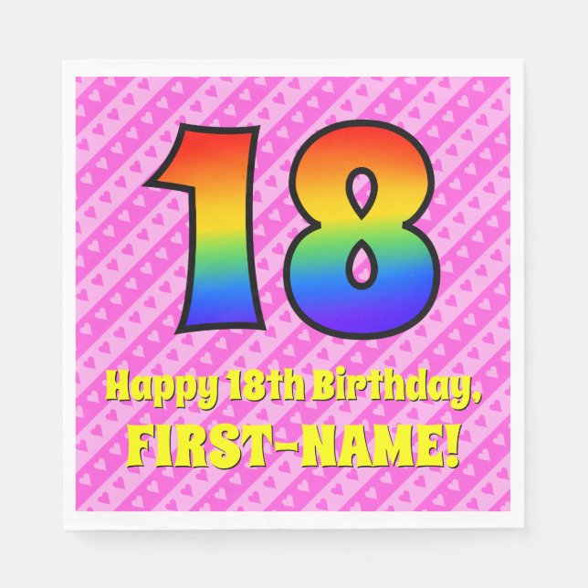 18th Birthday: Pink Stripes & Hearts, Rainbow # 18 Napkin (Front)