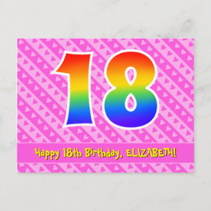 18th Birthday: Pink Stripes & Hearts, Rainbow 18 Postcard