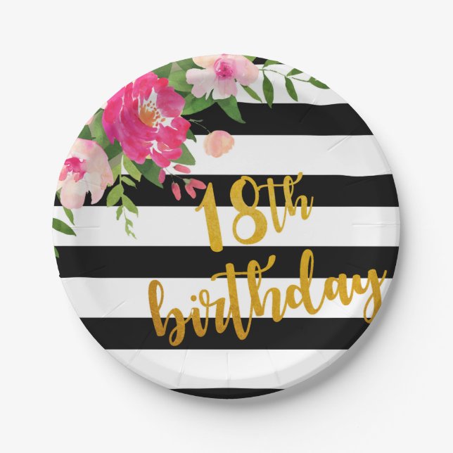 18th Birthday Plate - Floral with Black & White (Front)