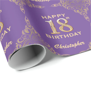 18th Birthday Purple and Gold Glitter Frame Wrapping Paper