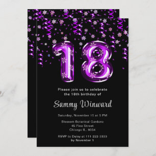 18th Birthday Purple Balloons Snowflake Confetti Invitation