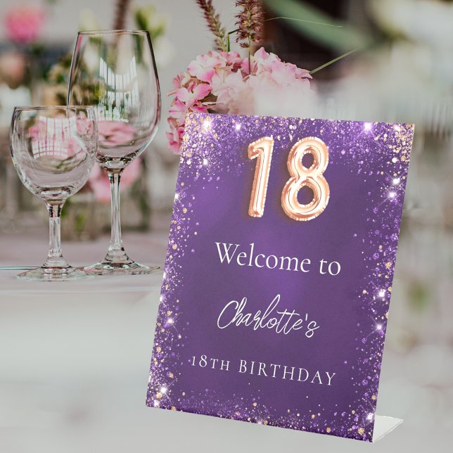 18th birthday purple glitter sparkles welcome pedestal sign (Creator Uploaded)