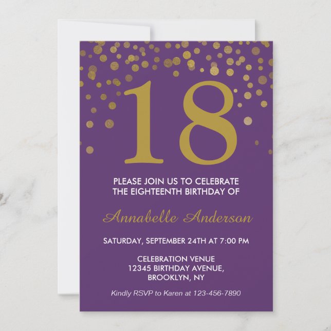 18th Birthday Purple Gold Confetti Dot Modern Chic Invitation (Front)