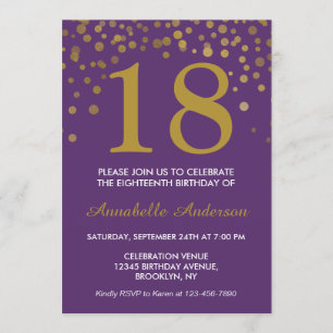 18th Birthday Purple Gold Confetti Dot Modern Chic Invitation