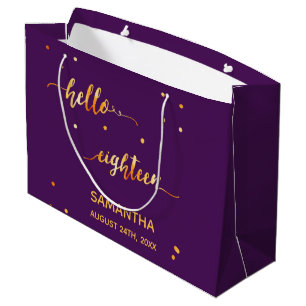 18th birthday purple gold hello 18 script name large gift bag