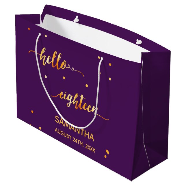 18th birthday purple gold hello 18 script name large gift bag (Back Angled)