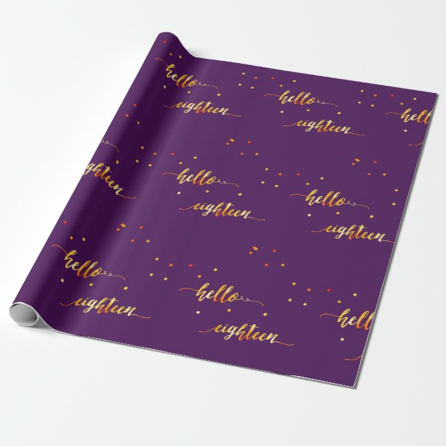 18th birthday purple gold hello 18 typography wrapping paper (Unrolled)